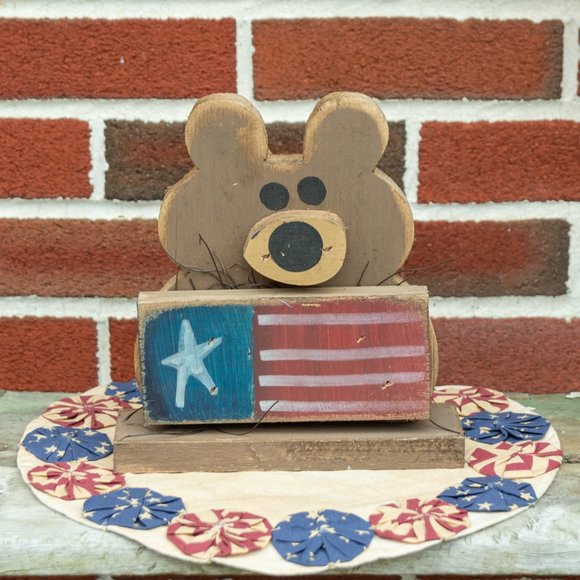 Rustic Primitive Garden Farmhouse TEDDY BEAR Americana USA 4th Of July Decor - Picture 2 of 3